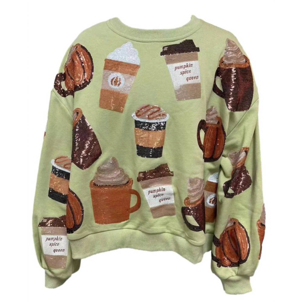 QUEEN OF SPARKLES Coffee Themed Sweatshirt in Green and Brown